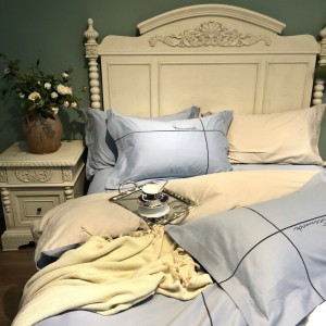 300TC Stain Cotton Brushed Embroidery Duvet Cover Blue Bed Sheets Bedding Set