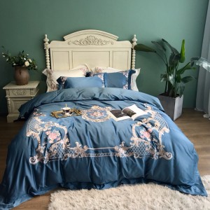 Luxury 100S Egyptian Long Staple Cotton Embroidery Duvet Cover Blue Bed Sheets 4PCS Bedding Set