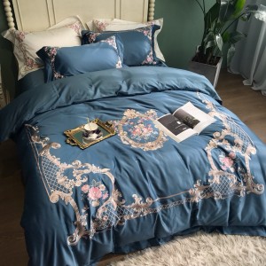 Luxury 100S Egyptian Long Staple Cotton Embroidery Duvet Cover Blue Bed Sheets 4PCS Bedding Set