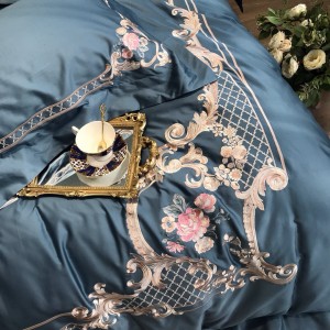 Luxury 100S Egyptian Long Staple Cotton Embroidery Duvet Cover Blue Bed Sheets 4PCS Bedding Set