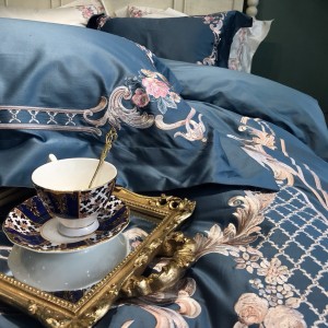 Luxury 100S Egyptian Long Staple Cotton Embroidery Duvet Cover Blue Bed Sheets 4PCS Bedding Set