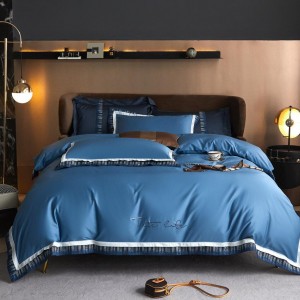 High-End blue patchwork comforter set 800TC cotton embroidery bedsheets queen king size coverlets with 2 soft pillowslips bedding set supplier