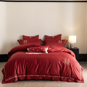 Wholesale high-quality 100S long staple cotton red embroidery duvet cover warm red bed sheet 4piece home textile bedding set supplier