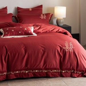 Wholesale high-quality 100S long staple cotton red embroidery duvet cover warm red bed sheet 4piece home textile bedding set supplier