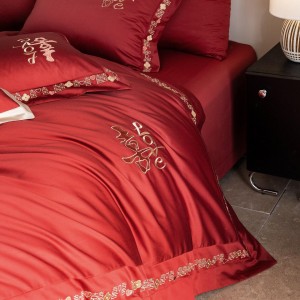 Wholesale high-quality 100S long staple cotton red embroidery duvet cover warm red bed sheet 4piece home textile bedding set supplier