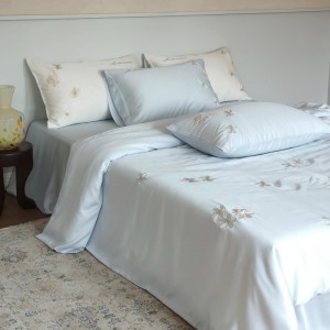 High-quality blue lyocell cotton quilt cover blue bedsheets embroidry bed sheet king size bedding set wholesaler