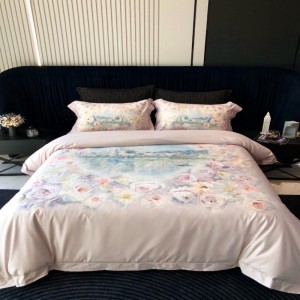 Australian Cotton 4PCS Bed Set Pink Floral Digital Printing Duvet Cover 100S Bed Sheets Bedding Set