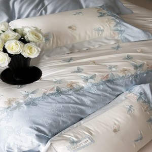 60S Lyocell Cotton Embroidery Quilt Cover Blue Bed Sheets Bedding Set