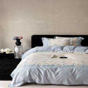 60S Lyocell Cotton Embroidery Quilt Cover Blue Bed Sheets Bedding Set