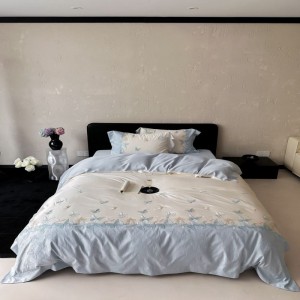 60S Lyocell Cotton Embroidery Quilt Cover Blue Bed Sheets Bedding Set