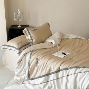 Hot selling beige embroidery bed linen 1.8m coverlets lyocell pillow shams duvet cover queen size bedding set supplier
