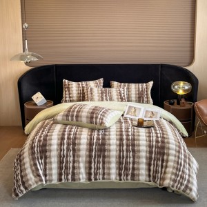 Warm fleece brown 4-pieces home textile soft printing duvet cover ruffles pillow shams flat sheets queen size bedding set