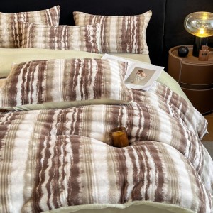 Warm fleece brown 4-pieces home textile soft printing duvet cover ruffles pillow shams flat sheets queen size bedding set