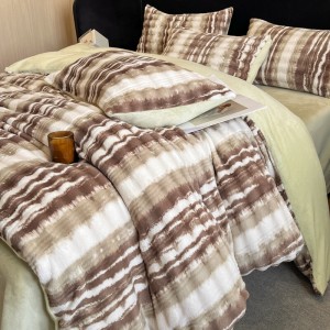 Warm fleece brown 4-pieces home textile soft printing duvet cover ruffles pillow shams flat sheets queen size bedding set
