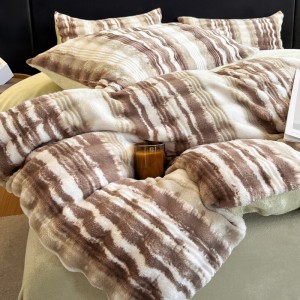 Warm fleece brown 4-pieces home textile soft printing duvet cover ruffles pillow shams flat sheets queen size bedding set