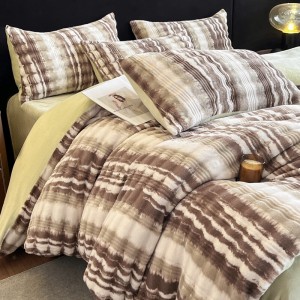Warm fleece brown 4-pieces home textile soft printing duvet cover ruffles pillow shams flat sheets queen size bedding set