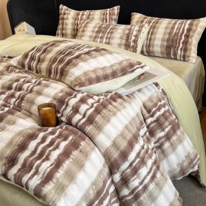 Warm fleece brown 4-pieces home textile soft printing duvet cover ruffles pillow shams flat sheets queen size bedding set