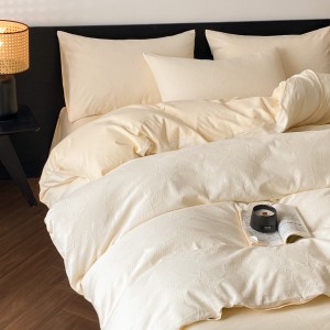 White 100% Cotton Washed Jacquard Quilt Cover Soft Bed Sheets 4PCS Bedding Set