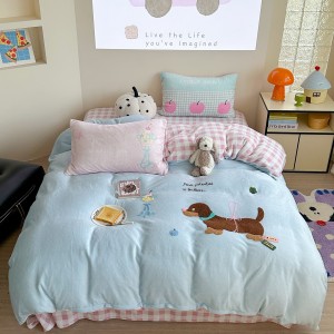 New Milk Velvet Cartoon Embroidery Duvet Cover Queen King Bed Sheets Children Bedding Set