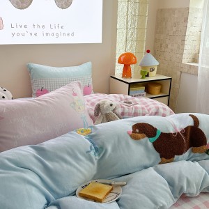 New Milk Velvet Cartoon Embroidery Duvet Cover Queen King Bed Sheets Children Bedding Set