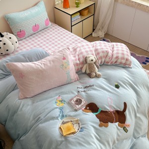 New Milk Velvet Cartoon Embroidery Duvet Cover Queen King Bed Sheets Children Bedding Set