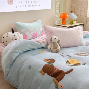 New Milk Velvet Cartoon Embroidery Duvet Cover Queen King Bed Sheets Children Bedding Set