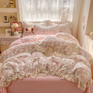 Milk Velvet Bed Sheets Pink Floral Printing Lace Edge Duvet Cover Bedding Set