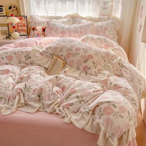 Milk Velvet Bed Sheets Pink Floral Printing Lace Edge Duvet Cover Bedding Set