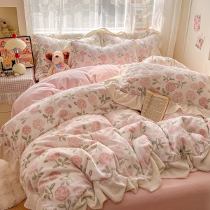Milk Velvet Bed Sheets Pink Floral Printing Lace Edge Duvet Cover Bedding Set