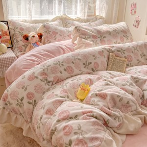 Milk Velvet Bed Sheets Pink Floral Printing Lace Edge Duvet Cover Bedding Set