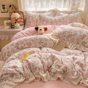 Milk Velvet Bed Sheets Pink Floral Printing Lace Edge Duvet Cover Bedding Set