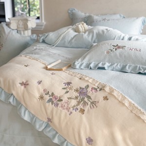 High Gram Milk Velvet Plant Embroidery Duvet Covet Blue Bed Sheets 4PCS Bedding Set