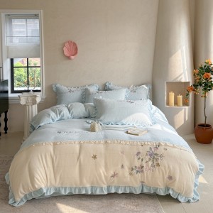 High Gram Milk Velvet Plant Embroidery Duvet Covet Blue Bed Sheets 4PCS Bedding Set