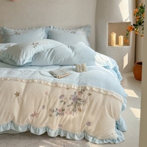 High Gram Milk Velvet Plant Embroidery Duvet Covet Blue Bed Sheets 4PCS Bedding Set