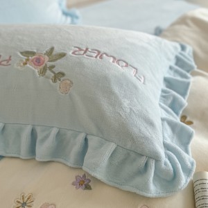 High Gram Milk Velvet Plant Embroidery Duvet Covet Blue Bed Sheets 4PCS Bedding Set