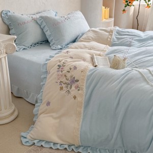 High Gram Milk Velvet Plant Embroidery Duvet Covet Blue Bed Sheets 4PCS Bedding Set