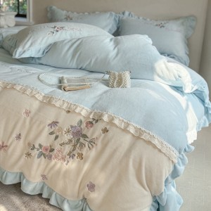 High Gram Milk Velvet Plant Embroidery Duvet Covet Blue Bed Sheets 4PCS Bedding Set
