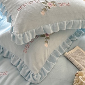 High Gram Milk Velvet Plant Embroidery Duvet Covet Blue Bed Sheets 4PCS Bedding Set