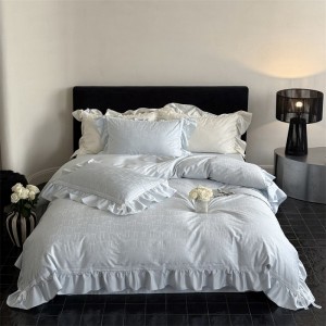 Light blue lace edge jacquard quilt duvet cover 100s cotton home textile bed sheets bedding set