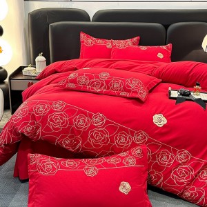 New festive red wedding embroidery cotton wedding four-piece suit