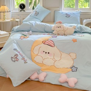 Blue puppy children’s cartoon pure cotton washed cotton patch embroidered four-piece set