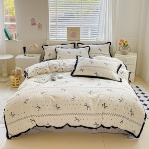 Cotton wrinkled double-layer yarn lace French print four-piece set